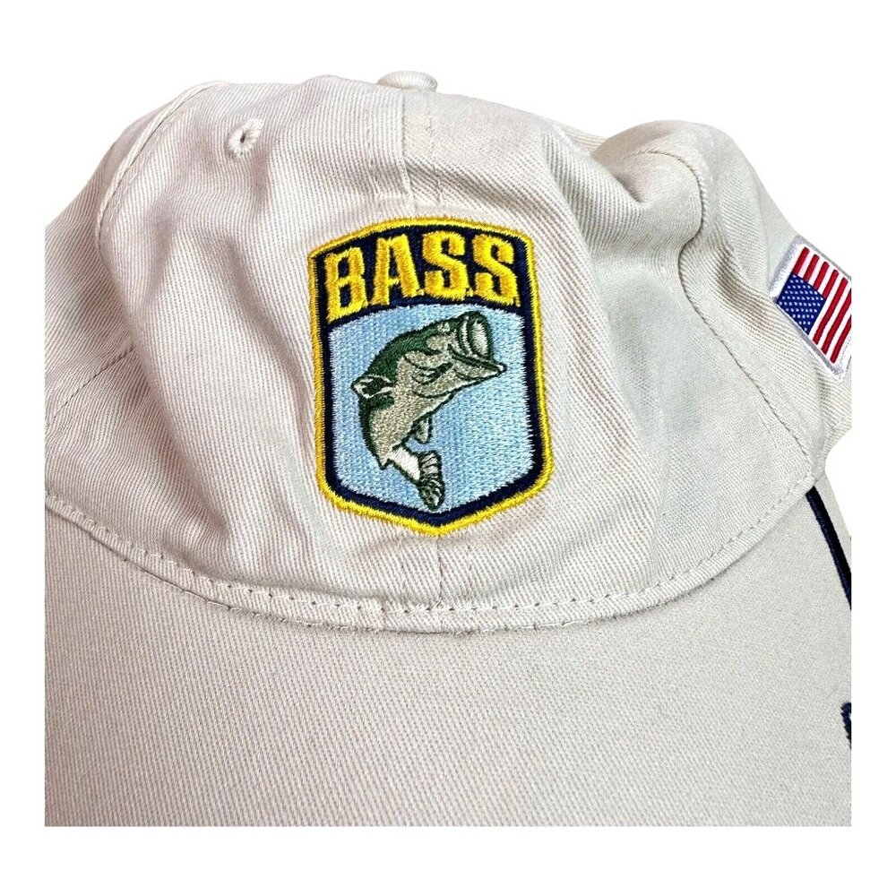 BASSMASTER Baseball Cap Hat Off White Adjustable Strap Back Fishing USA Flag New - Picture 3 of 11